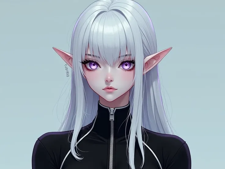 (masterpiece, best quality) detailed, 1Character , blue archive art style , wearing Black bodysuit, silver accents , zip up , futuristic, shiny , Beautiful woman , pale skin , purple eyes ,elegant, regal , pure white hair , pointed ears , long eyelashes , ...