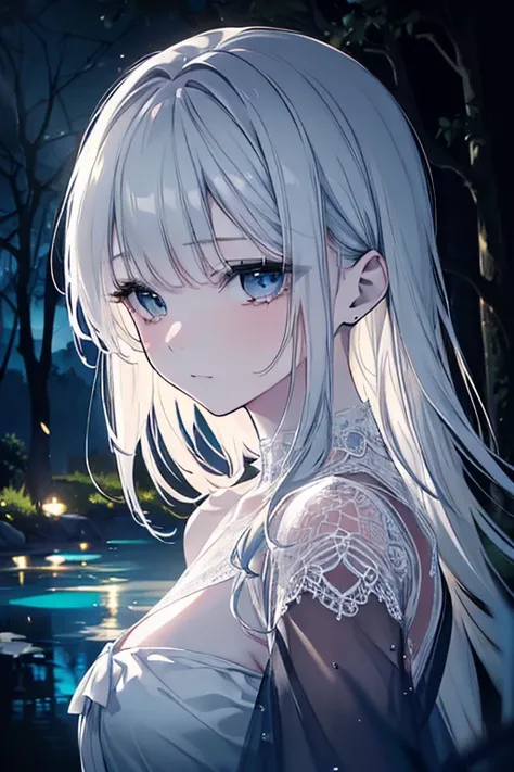 a beautiful girl, mesmerizing gaze, pale skin, ethereal, moonlit garden, serene pond, reflections of the moon, melancholy expression, longing, bittersweet farewell, dramatic lighting, cinematic, oil painting, dreamlike, moody, somber colors, atmospheric, d...