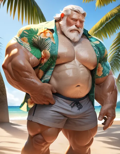 solo, 1boy, Muscular Old man, wide shoulder, pectoral, thick arms, huge pectoral, wide pectoral, beach, short white hair, detailed eyes, shorts, sweat, hawaiian shirt, open shirt, masterpiece, semirealistic:1.2, high detailed, 8k, high resolution