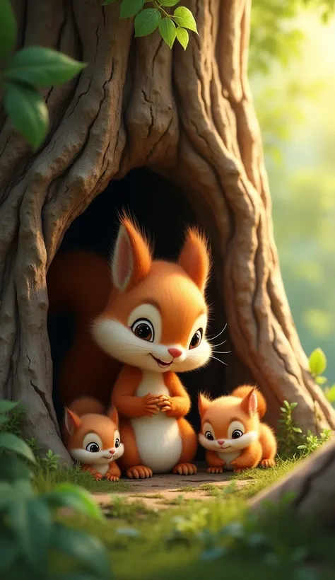 "The squirrel returns to the hollow, nuzzling its babies lovingly as they peek out, safe and unharmed."