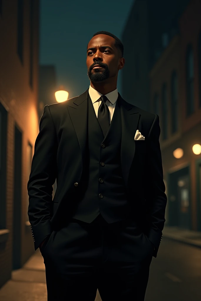 Create the image of a black man, Around the mid-1900s on the street at night dressed in a black suit, with goatee and mustache