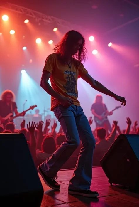 A young Thai man with long, flowing hair in his mid-20s, dressed in classic 1970s fashion with well-fitted jeans and a retro rock band T-shirt. He is dancing energetically, surrounded by an electric atmosphere of a 1970s rock concert, with colorful stage l...