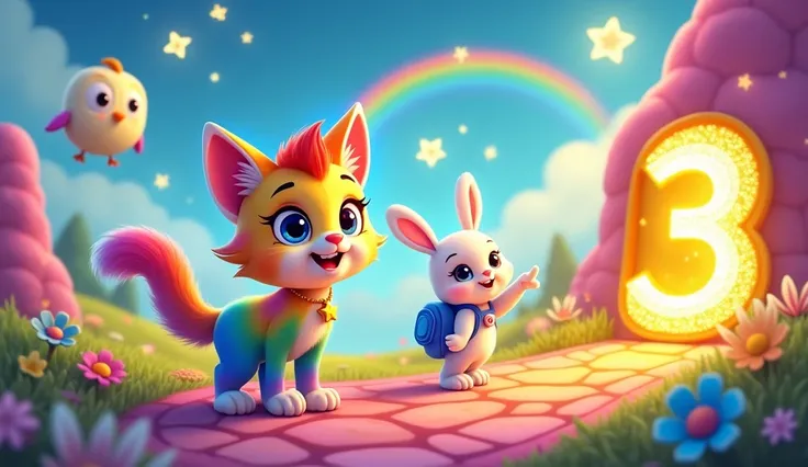 Here’s a detailed prompt for creating a vibrant and engaging illustration for **"Cleo the Rainbow Cats Magical 123 Learning Adventure"**:

---

**Illustration Prompt:**  
Create a colorful and magical scene featuring **Cleo the Rainbow Cat**, a cartoon-sty...