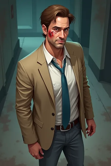 Create a realistic horror RPG token (in isometric view top view )  in a modern horror RPG about a man about 40 years old , brown hair, a beige suit , a white dress shirt,  a blue tie and gray jeans .  This man is slightly wounded ,  with some cuts on his f...