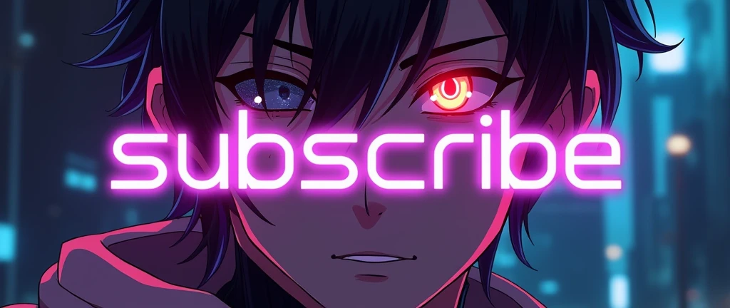 subscribe word on the middle with color purple with neon color on the side with a background male anime character with a half face cyborg,the eyes of a half cyborg face is red and the other side is golden eyes