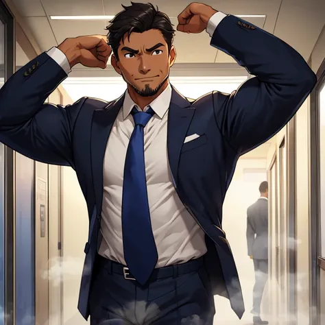 School corridor、teacher、gentlemen、male、suit、 long sleeve shirt、tie、35歳のmale、Muscular、Strong、 shorthair 、 Tanned Skin、Sweating、hot、Steam from the side、 Steam from Chest 、 is tired,good mood 、Raise your arms to the back of your head