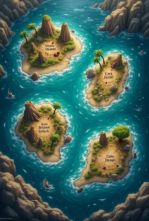  Create a treasure map with 4 islands,  the first death island ,  the second deep sea island , the third cave island  ,  the fourth monster island . 