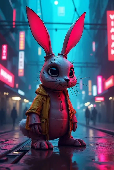 I make a painting of a cyberpunk rabbit with a somewhat hallucinogenic touch, but if you deform the rabbit, I make it in colored cardboard and with colors that shine in the neon light, making the rabbit more neon.