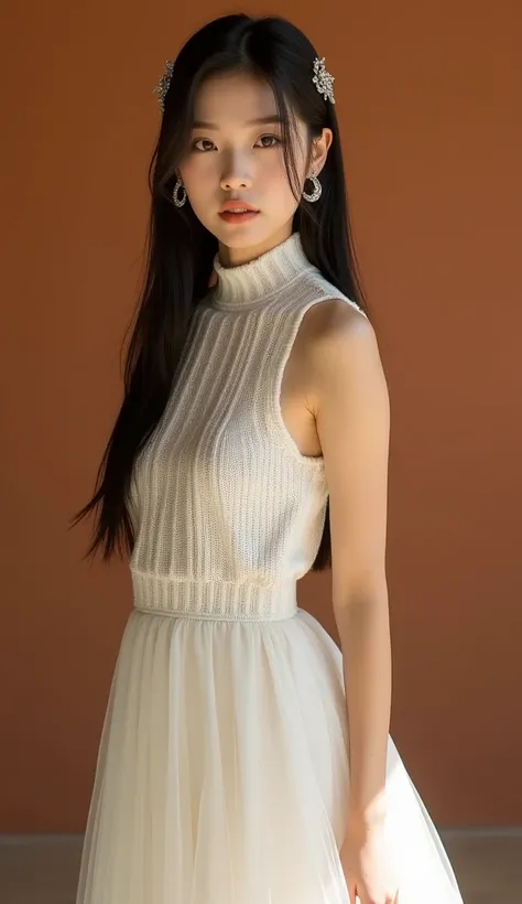 Sharp, beautiful and elegant fashion photos of a Yunnan Chinese model. She has a tall and slender figure, fair skin and long straight black hair. She looks confident and elegant in fashion. She wears a white knitted vest with a long skirt, and delicate hai...