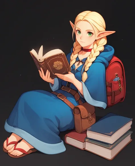  1girl, marcille donato,  backpack, bag, belt, belt pouch, black background, blonde hair, blue capelet, blue robe, book, braid, capelet, choker, elf, full body, green eyes, holding, holding book, sit hood, hood down, hooded capelet, long hair, long sleeves...