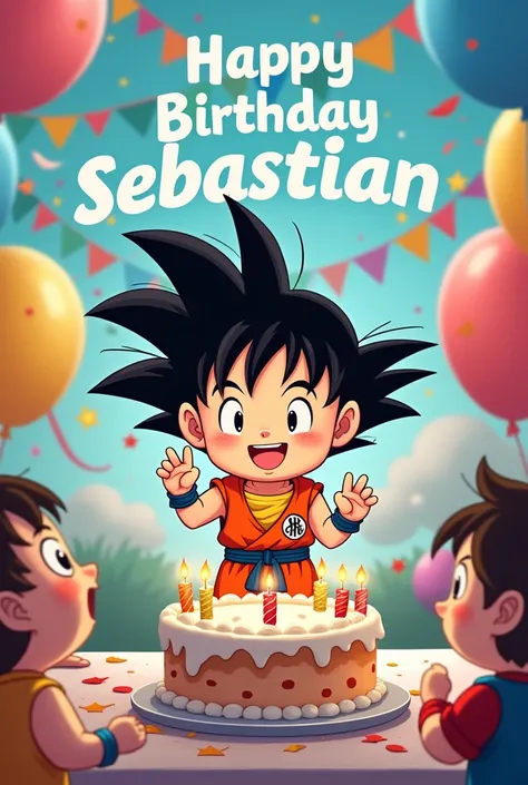 Create an image , vibrant,  colorful 4k chibi style of the character Goku at a birthday party . Where a text appears that reads " Happy Birthday Sebastian ".  This is a party celebrating a boys 8th birthday.