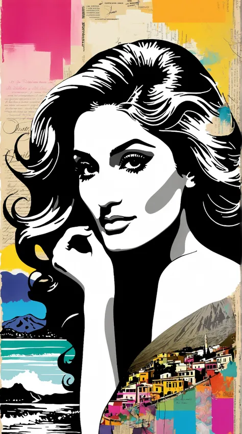 Create an ink-on-newspaper artwork in the style of Loui Jover (1.5), ((Dalida)) the famous singer,featuring a European landscape that includes Vesuvio and the sea. Porto vieno, Dalida the famous singer, ((Dalida)) logo, Integrate elements of celebrity cult...