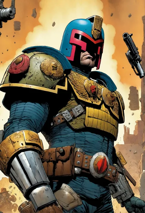 Comics judge dredd in a cowboy themed armor and broad rimmed hat helmet, big badge, huge gun. He is confronting cyborg villain cowboys, explosive shootout, high danger, broken cyborgs
