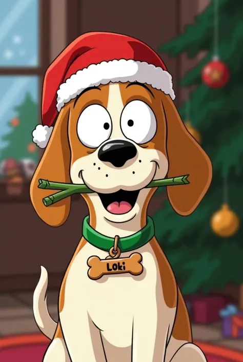 White male beagle dog with brown , animated like the Simpsons series , with Christmas hat, Biting off a tree branch and a bone-shaped plate on the neck that says Loki