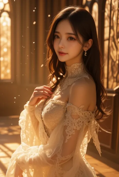 A breathtaking cinematic portrait of an elegant East-Asian woman with smooth, flowing black hair cascading in soft waves around her shoulders, illuminated by warm, ethereal light. Her almond-shaped eyes, deep and captivating with a subtle golden-brown hue,...