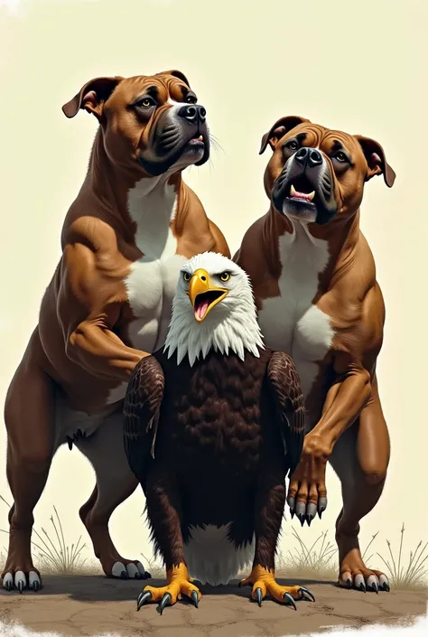 Two pitbulls stepping on top of the eagle 
 