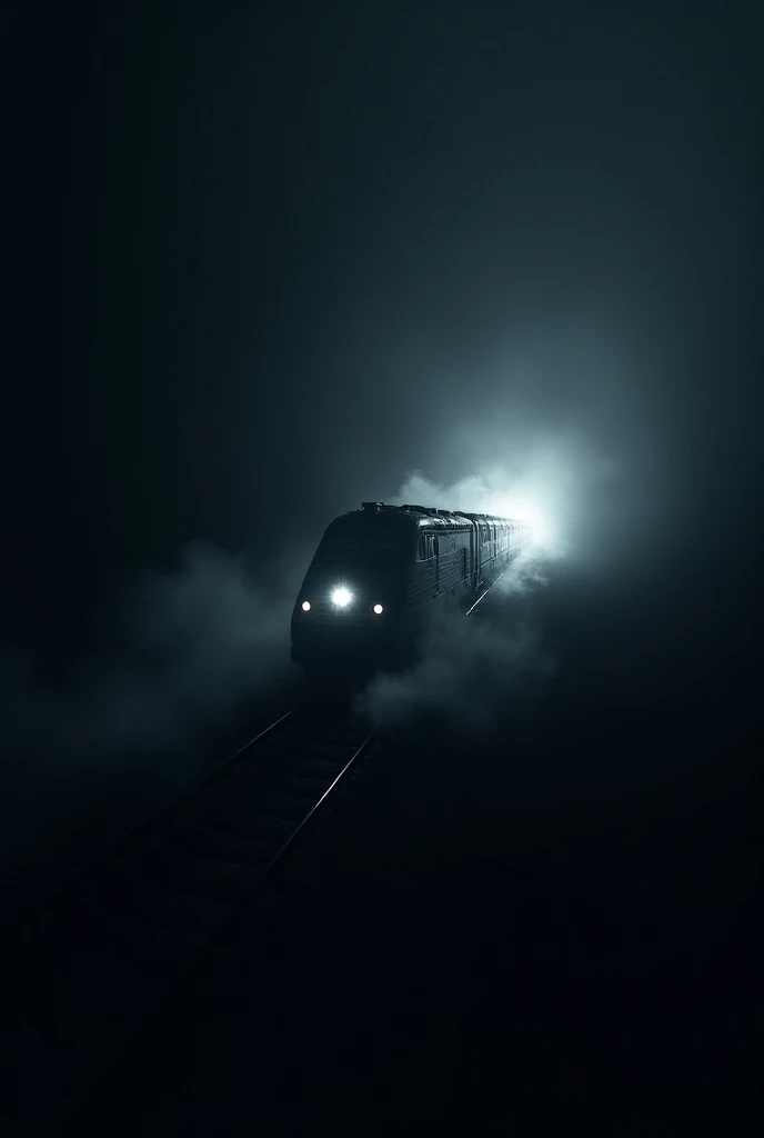 "A speeding train disappearing into a pitch-black void, with an eerie glow surrounding it, creating a sense of endless darkness and doom."