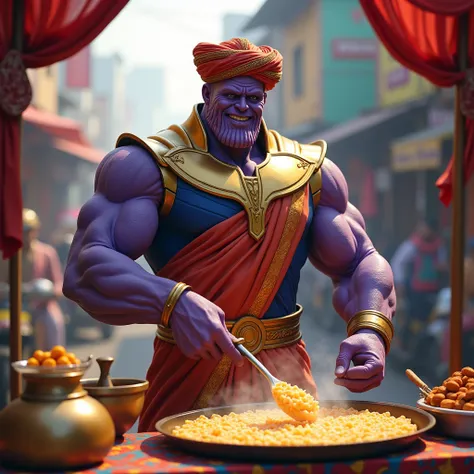 Thanos making jalebis on road side stall in India in desi costume