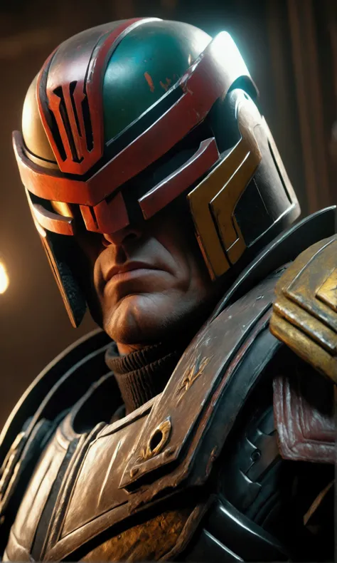 a highly detailed photo realistic judge dredd in cowboy themed armor, broad rimmed hat helmet, big badge, huge gun, confronting cyborg villain cowboys, explosive shootout, high danger, broken cyborgs, cinematic lighting, dark moody atmosphere, intricate de...