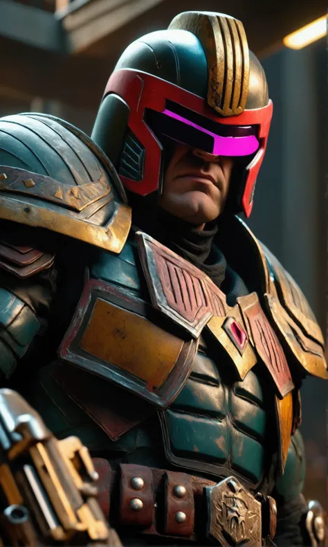 a highly detailed photo realistic judge dredd in cowboy themed armor, broad rimmed hat helmet, big badge, huge gun, confronting cyborg villain cowboys, explosive shootout, high danger, broken cyborgs, cinematic lighting, dark moody atmosphere, intricate de...