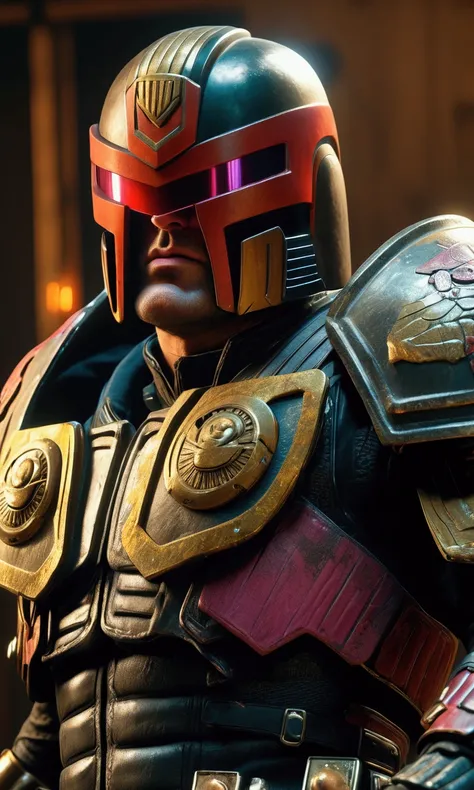 a highly detailed photo realistic judge dredd in cowboy themed armor, broad rimmed hat helmet, big badge, huge gun, confronting cyborg villain cowboys, explosive shootout, high danger, broken cyborgs, cinematic lighting, dark moody atmosphere, intricate de...