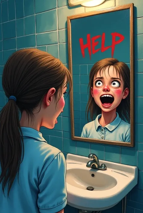 A color drawing of a girl in a school bathroom ,  looking at her reflection in a mirror scared or screaming and the mirror shows her but with a smile, that is, laughing , Sometimes in the mirror it says help but in red .