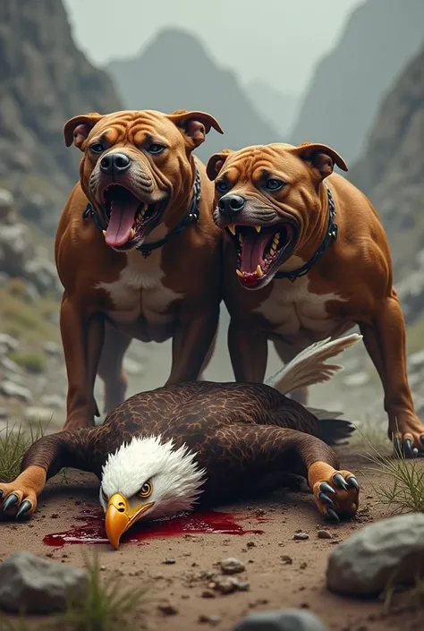 Two pitbulls stepping on top of the eagle and the eagle bleeding
 