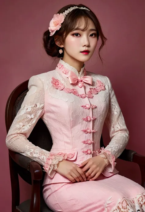 A Korean man in ladies vintage suit dress, he is crossdresser, body like a woman, slender female body, white and pink, Rich lace and frills, long sleeves, cropped jacket, mermaid line long skirt, tweed, sit quietly