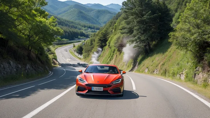  :

background:  Cars running at breakneck speed on mountain roads 。  Impressive views of hairpin curves  。

element:   Smoke and thrill as cars make sharp turns 。backgroundに荒れた崖や木々place。

tone: green、brown、  Red and yellow with gray accents  。