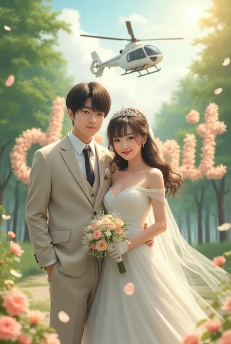 Realistic best quality, masterpiece, please let copule stand on the park , a  helicopters "cool big landing  in park The writing is made of flower arrangements to form words "demit", 1 girl korean, huge laugh, cute teen, shiny lips, sweet, sun glare, Conse...