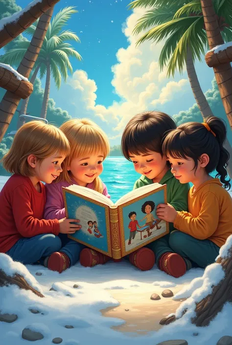  Create an image where On one side , a group of gringo ren ,  Americans are reading a book with specific cultural elements ( for example ,  a story about snow and sledges ).
On the other side,  another group of Latino ren ,  little brunettes are reading th...