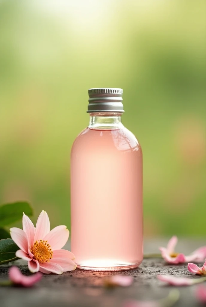 Rose water eco friendly clear bottle. No writing. Nature background 