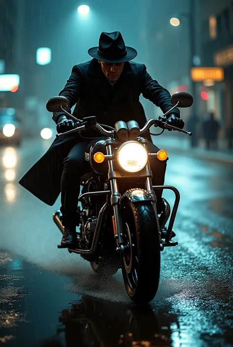 Aerial view of spy with hat speeding a motorcycle away on a wet road at night.