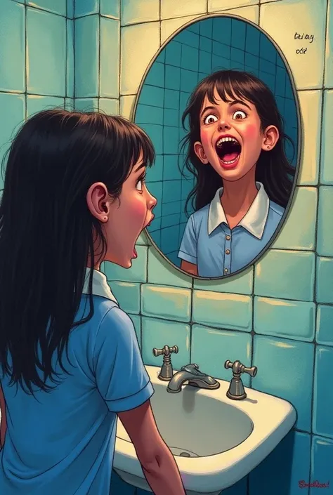 A color drawing of a girl in a school bathroom ,  looking at a mirror scared or screaming and the mirror shows it to a person like her but with a smile, that is, laughing or with an evil smile ,  sometimes in the mirror it says  "aid"But in red .