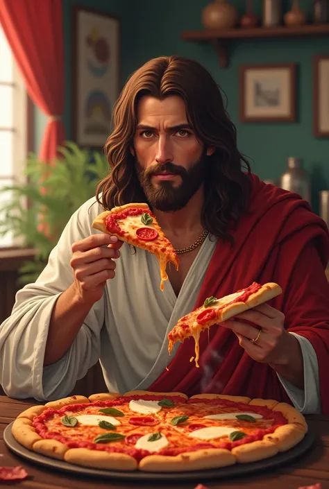 Jesus Christ eat pizza , 8k, extremely detaild,anime styling