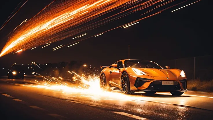 background:    dynamic color scheme based on highways  {x} 。  Deep straight roads extend  。

element:  Sports cars are picking up speed   。 Sparks scatter from tires   、Emphasise the sense of speed。  Draw movement with lines that cut through the wind   。

...