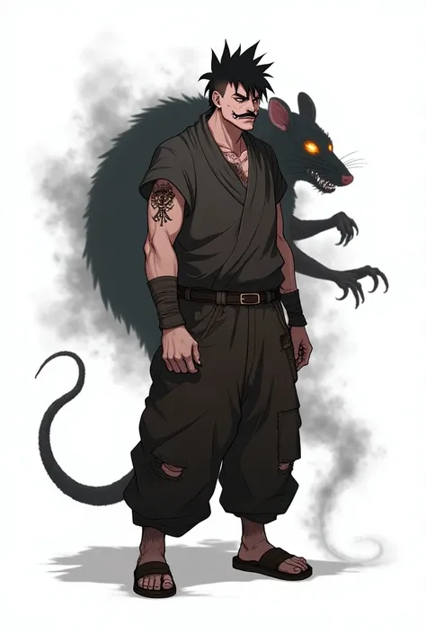 Create a Naruto Shippuden-style image in the visual style of Naruto Shippuden. The character is Zarokugan, a 23-year-old man with a slightly hunched back and a stocky build. He has pale, pinkish skin with an uneven tone that adds to his unsettling appearan...