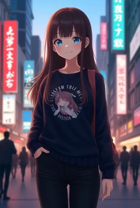  20-year-old Japanese girl ,  long straight brown hair with bangs, piel Blanca, anime-loving girl , influencer, curvy model, front stop,  blue eyes ,  looking at the camera, smiling big,  wearing casual clothes ,  black anime print sweater , black jeans an...