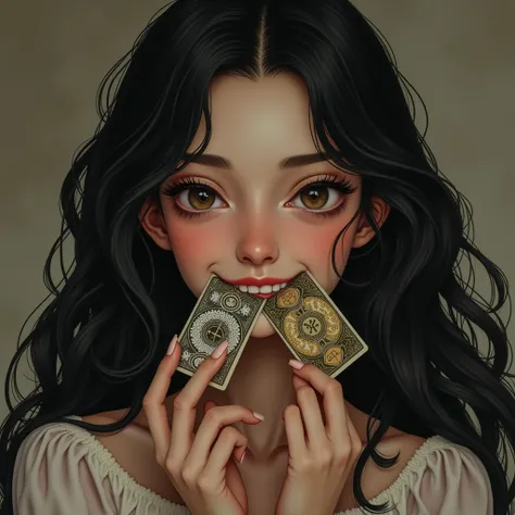 A girl with long black hair holds two cards in her mouth and smiles