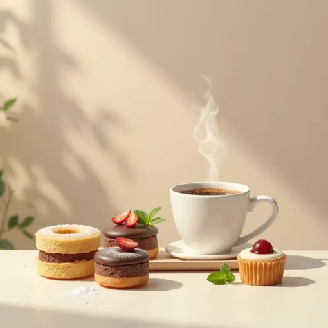 I want to create a gorizantal beige aesthetic photo with mini cakes and coffee.