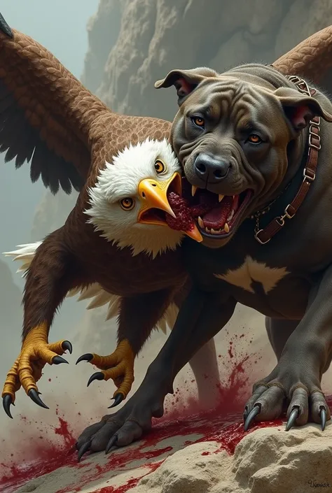 Two pit bulls biting an eagle and the bleeding eagle 