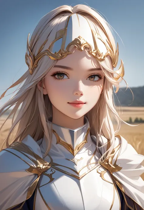 (masterpiece:1.5),(Beat quality),(high res),1girl solo,beautiful face,smile,upper body,knight woman,Cape,Plains