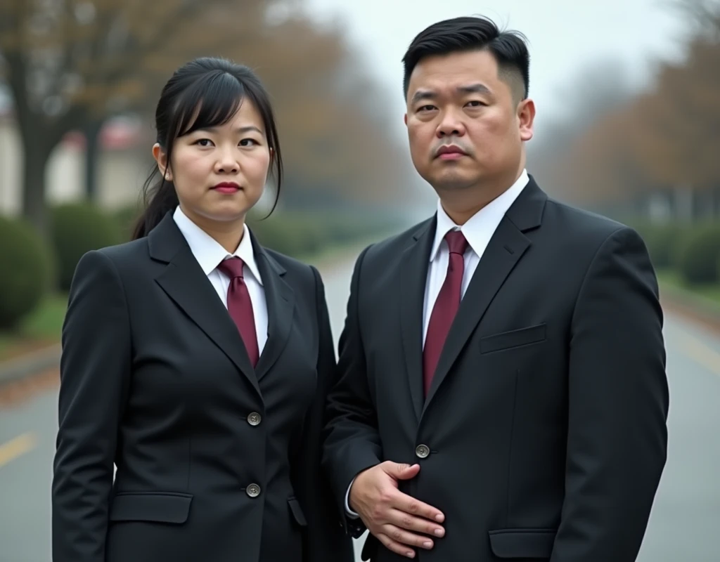  Best Quality ,  facial focus,  Ultra High Resolution , (Reality:1.4),  RAW Photo ,  Two obese young Chinese men and women wearing suits，25 years old，Short hair flat head，Lips tightly closed，Dark Red Ties 、 have a serious expression ， facing the camera，Sub...