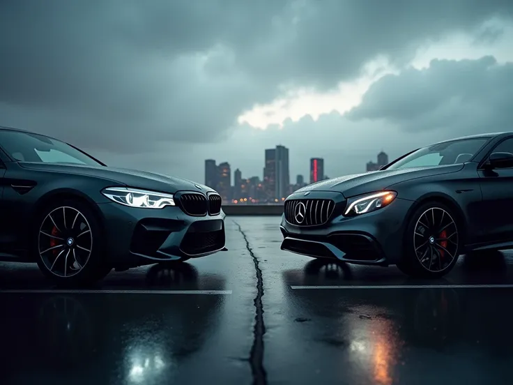 "Create a dynamic thumbnail showing a BMW and a Mercedes car side by side, positioned in a dramatic face-off under a moody, cloudy sky. Both cars should have their iconic round logos prominently visible on the front. The scene should emphasize competition,...