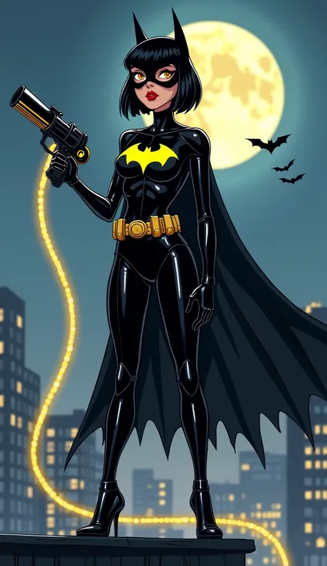 A highly detailed, cartoon-style illustration of a strikingly feminine version of Batman, blending strength and elegance with a playful, artistic twist. She has a sharp, angular face with piercing eyes, framed by a sleek, shoulder-length black bob haircut....