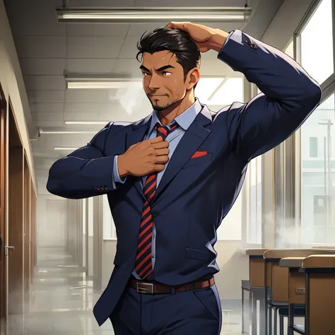 School corridor、teacher、gentlemen、male、suit、 long sleeve shirt、tie、35歳のmale、Muscular、Strong、 shorthair 、 Tanned Skin、Sweating、hot、Get wet、Steam from both sides、 Steam from Chest 、Looks strong、good mood 、Raise one arm to the back of the head