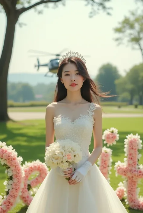 best quality, masterpiece, please let stand on the park , a  helicopters "cool big landing  in park The writing is made of flower arrangements to form words "demit", a girl korean,laugh, cute , shiny lips, sweet, sun glare, Conservative attire, bell-line w...