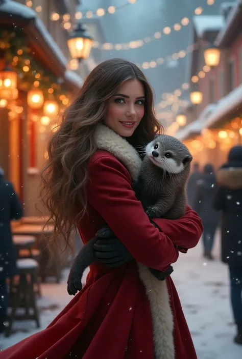 Stunning night views and winter town wine bars and crowds 、A beautiful Western woman enjoying a full-body commemorative photo is wearing gorgeous winter high brand fashion, hugging a small small-clawed otter, and running with a smile