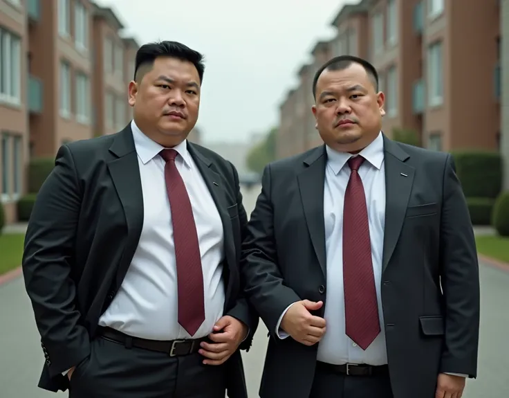  Best Quality ,  facial focus,  Ultra High Resolution , (Reality:1.4),  RAW Photo ,  Two obese young Chinese men and women wearing suits，Short hair flat head，Lips tightly closed，Dark Red Ties 、 have a serious expression ， facing the camera，Suburban， One ha...