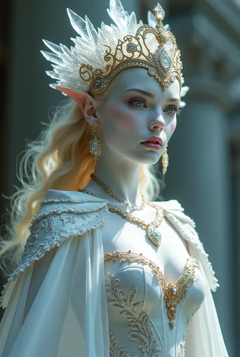 Alien Female Crystal Elf Humanoid white skin Blonde wave hair Kinmokian Etherian Pleaidian Sakura Crystallix Young Haseki Sultana Majestrix Astaría Thalassin II wearing an imperial dress with imperial cape and tiara imperial crystal gemstone headband with ...